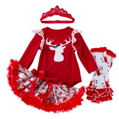 China Holiday Breathable Baby Deer Cartoon Christmas Newborn Wings Long Sleeve Romper Red Skirt Suit for sale