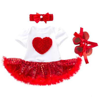 China Breathable Mother's Day 3 Piece Clothes Girls Romper Love Dress Baby Toddler Sequined Shoes for sale