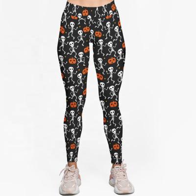 China Halloween 2021 Antibacterial Custom Design Women Digital Printing Fitness Leggings Skulls Pumpkin Waist Yoga Pants Elastic Top for sale