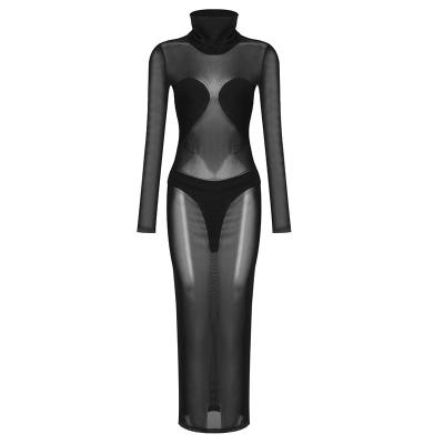 China Breathable Sexy See Mesh Dress Celebrity Dress High Neck Long Sleeve Party Club Dress High Quality for sale