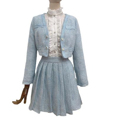 China 2022 Luxury QUICK DRY New Lady Short Jacket Pleated Tweed Skirt Blouse Three Pieces Suit 3 Pieces Tweed Set for sale