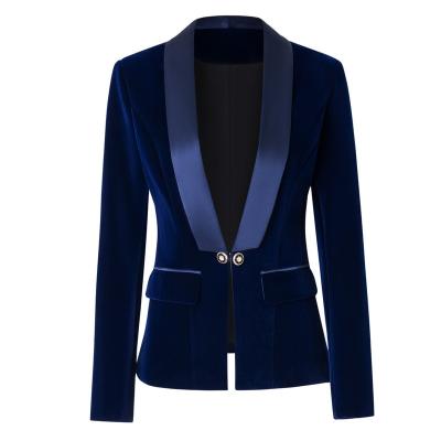 China Mature Velvet Anti-Shrink V-Neck Blazer Button Gold Catwalk High Fashion Office Suit With Satin Collar Slim Suit for sale