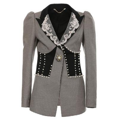 China Anti-wrinkle high fashion plaid jacket lace beading blazer office wear vintage formal clothing for sale