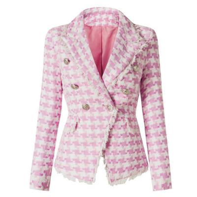 China Latest Women's Breathable Lion Buttons Double Breasted Pink Tassel Fringed Houndstooth Blends Tweed Blazer for sale