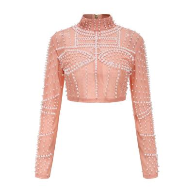 China High Quality Women Anti-pilling Sexy Beads Beading Mesh Crop Top Translucent Top Party Fashion Mesh Top for sale