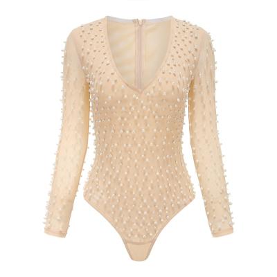 China QUICK DRY women fashion sexy pearls beading jumpsuit part V-neck slim nude jumpsuit long sleeve jumpsuit for sale