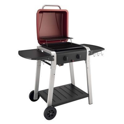 China Easily Assembled Outdoor Cart 2 Burners GRILL BBQ Gas Grill Backyard with Two Foldable Shelves and Wheels for sale