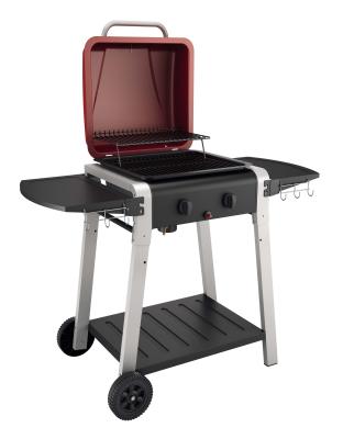 China Easily Assembled High Quality Outdoor Portable Cart BBQ 2 Burners Gas Grill With Oven Lid Barbecue Cart for sale