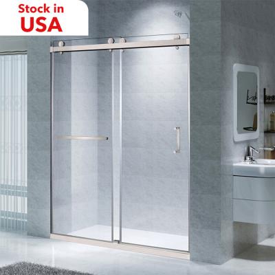 China Modern Stock In USA OEM ODM Hotel Bathroom Low Iron Tempered Glass Frameless Sliding Shower Door for sale