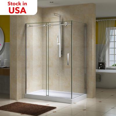 China Contemporary Wholesale Frameless Stainless Steel Handle Tempered Glass Hotel Bathroom Sliding Shower Door for sale