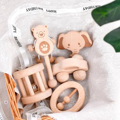 China STUFFED 5 Pcs Set Storage Gift Box Wooden Color Portable Rattle Set Baby Rattle Wooden Baby Toys Hand Bells for sale