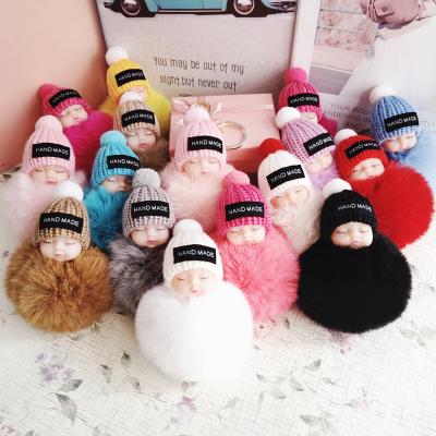 China Faux Fur Plush Keychains Baby - Doll Toy Cute Sleeping Baby Key Chains For Women Bag Plush Toy Faux Fur Keychains Key Ring Fluffy Pompom for sale