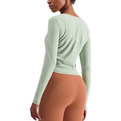 China Breathable Women Long Sleeve Crop Top With Waist Pleat Casual Workout Wear Women T-Shirts for sale