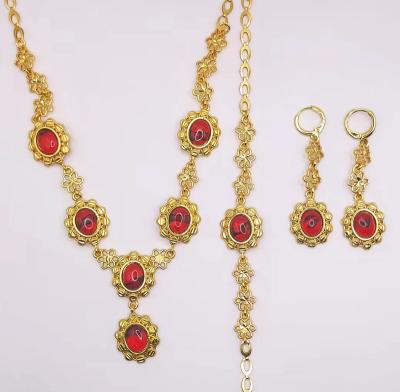 China Dubai 18k 24k colorful cheap bridal gold plated zircon necklace bracelet set high quality and earrings jewelry for sale