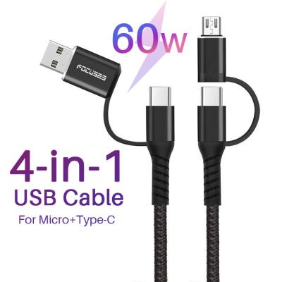 China o nylon multifuncional do cabo de 3A 60W USB trançou 4 em 1 cabo de carregamento de USB à venda