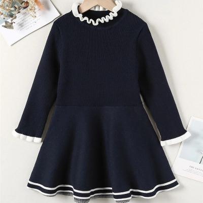 China Autumn High Quality Girls Breathable Neck Front Ruffle Hem Mock Rib-knit Sweater Dress Girls Casual Outfits for sale