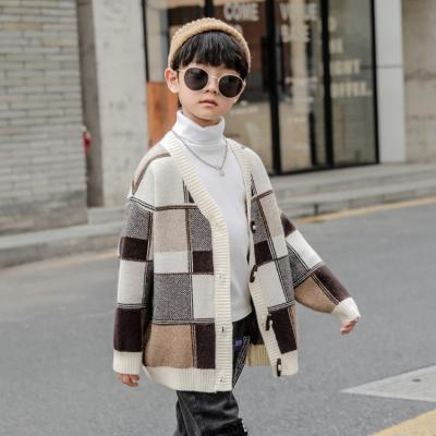 China Fashion Boys Winter Anti-Shrink Coat Warm Knit Sweater Cardigan Kids Grid Jacquard Overcoat Lang Coat for sale