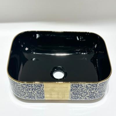 China Wholesale Price Modern High Quality Black Plating Art Lavatory Golden Electroplate Ceramic Sink for sale