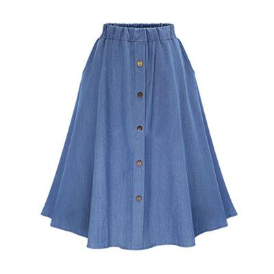 China Breathable Women Loose Denim Blue Jeans Skirt High Waist Pleated Knee Length High Waist Skirt With Front Placket for sale