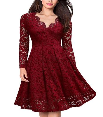 China Wholesale Washable Women Swing V Neck Big Swing Long Sleeve Lace Dress for sale