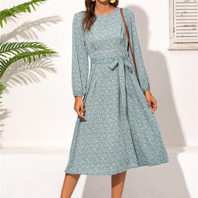 China Washable Women Casual Dress Floral Print Long Sleeve O-Neck Midi LengthSummer Women Dress for sale