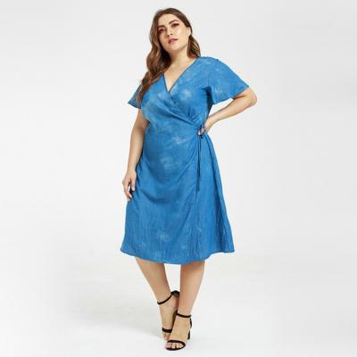 China Large Size Women's Loose Casual Dress Denim Tie Dye Wrap Plus Size Washable Women's Dresses And Tie Dye for sale