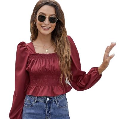 China Breathable Women Long Sleeve Square Neck Slash Smocked Elastic Waist Blouses And Shirts for sale