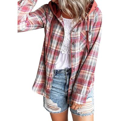 China Breathable Women's Casual Check Hoodie Long Coats Single Breasted Outwear Flannel Plaid Long Coats Shirts for sale