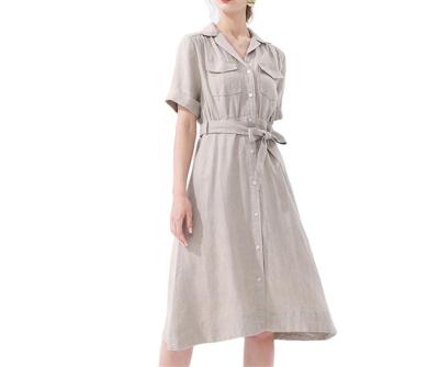 China Custom Women Summer Casual Dress Anti-Static Loose Style New Dress Belt Lapel Canvas Mid Length Skirt for sale