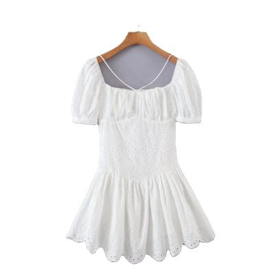 China New anti-static wholesale summer dresses embroidered square collar blew sleeve white women's skirts for sale