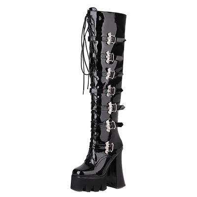 China Women Thermal Thigh High Boots Zipper Bat Buckle Gothic Punk Strap Lace Up Thick Heeled Platform High Over The Knee PU Leather Shoes for sale