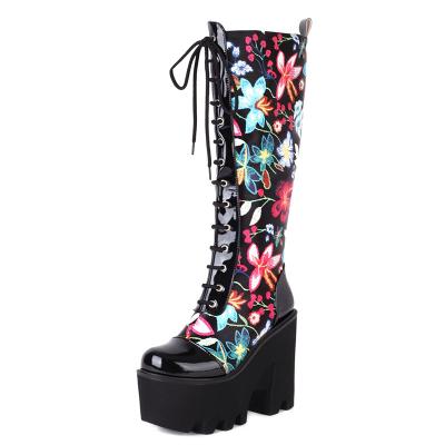 China Pattern Women Knee High Boots Thermal Floral Side Zipper PU Leather Trim 2021 Autumn Winter Fashion High Heels Platform Motorcyle Casual Shoes for sale