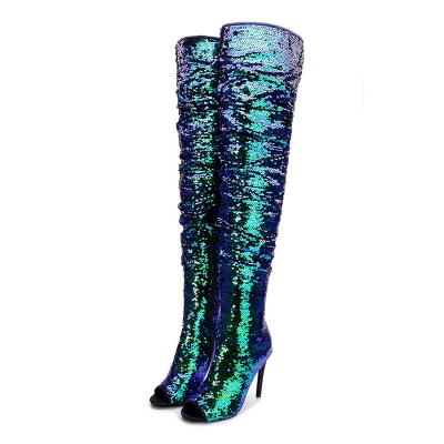 China Breathable Glitter Thigh High Boots For Ladies Stiletto Heels Peep Toe Over - Knee Women's Boots Shine Long Boot Nightclub Party Shoes for sale