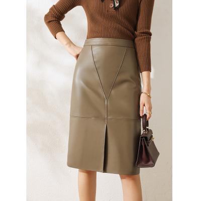 China Fashion Breathable Women's Long Sheepskin Skirt For Mature Lady Genuine Leather Nappa Leather Daily Swap Skirt for sale