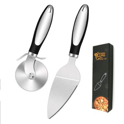 China Viable New Arrival Custom Logo Safety Blade Guard 2Pcs Stainless Steel Pie Pizza Cutter Wheel Server Set With Anti-Slip TPR Handle for sale