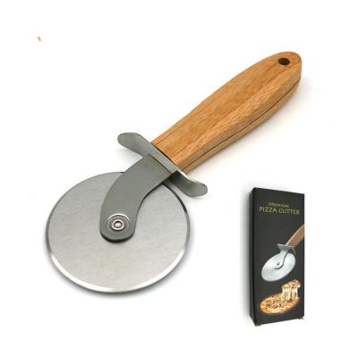 China Viable Hot Selling Quality Classic Amazon Cookie Pizza Cutter Knife Stainless Steel Pizza Cutter With Non Slip Wooden Handle for sale