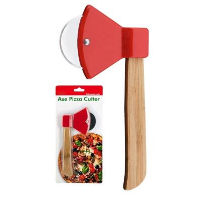 China Viable Sharp Blade Kitchen Tool Stainless Steel Wheel Slicer Rotating Ax Pizza Cutter With Bamboo Handle for sale