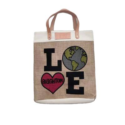 China Eco - Friendly Eco - Friendly Jute Tote Beach Shopping Bag With Leather Handle Jute Bag Shopping for sale