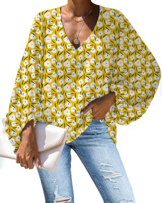 China Lady Yellow Chiffon Top Casual Breathable Korean Blouse 2021 New Design Women Full V-Neckline Plus Size Blusas for sale