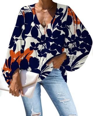 China Factory Wholesale Breathable Autumn 2021 Long Sleeve V-Neck Button Down Blue Flower Chiffon Blouse For Women for sale