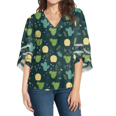 China Breathable Women Ropa Cactus Chiffon Blouse Ladies Sleeve V Neck Blouse Floral Print Tops de mujer demi for sale