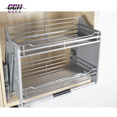 China Modern Mesh Wire Kitchen Vegetable Storage Baskets Metal Buffet Basket Pull Down Lifting Up Baskets for sale