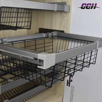 China Stocked Household Wardrobe Closet Laundry Clothes Storage Wire Baskets Pull Out To Chrome Sliding Baskets for sale