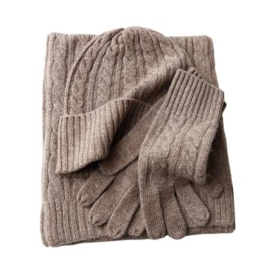 China Hot Sale Winter Wear Warm Set Slapped Beanie Scarf Gloves 10% Cashmere 90% Wool High Quality for sale