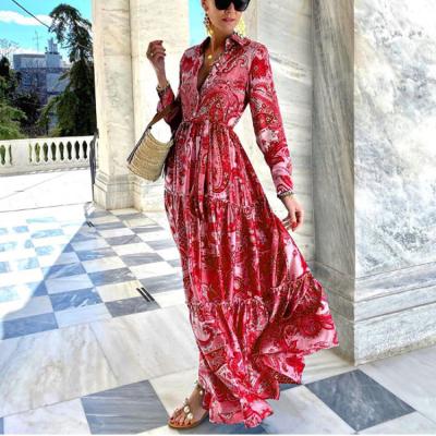 China Autumn Elegant Vintage Breathable Floral Print Women Long V-Neckline Long Sheath Dress Casual Lady Loose Vestidos Long A Line Dress for sale