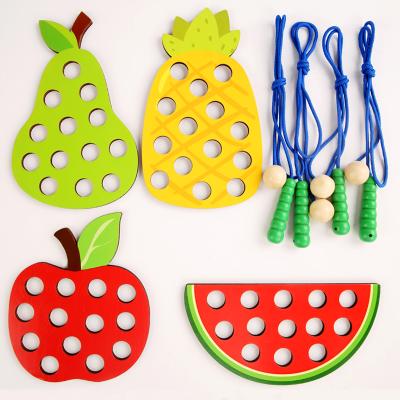 China Children's wooden wooden toys toy string educational fun game of putting a rope by a fruit and vegetable board for sale