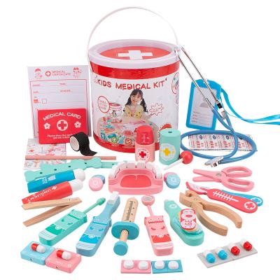 China Wooden children virtual doctor toy set tools male and female wooden virtual medical kit injection baby play house male stethoscope for sale