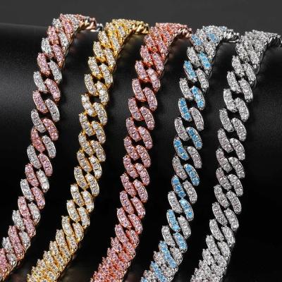 China Simple Pink and Silver Cuban Necklace, Thin Diamond New Hip Hop Cuban Link Necklaces for sale