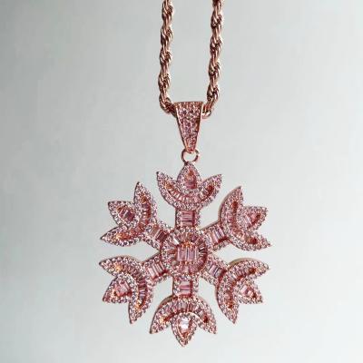 China Iced Out Hip Hop Iced Out Pink Diamond Baguette Snow Flake Pendant Necklace for sale