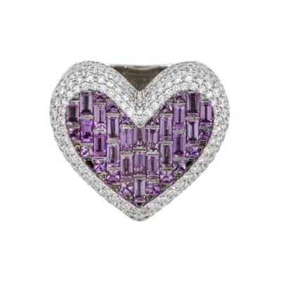 China Iced Out Full Diamond White Gold Princess Diamond Purple CZ Heart Shaped Rings for sale